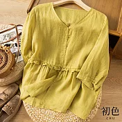 【初色】七分袖V領純色寬鬆顯瘦襯衫上衣-共4色-67346(M-2XL可選) XL 黃色