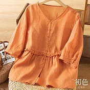 【初色】七分袖V領純色寬鬆顯瘦襯衫上衣-共4色-67346(M-2XL可選) XL 橘色