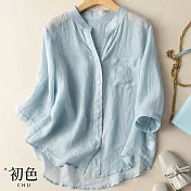 【初色】純色寬鬆棉麻風七分袖襯衫上衣-共3色-67167(M-2XL可選) L 淺藍
