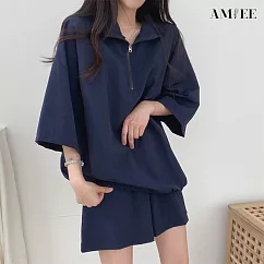 【AMIEE】高領球衣風休閒運動套裝(KDA─073) M 藏藍
