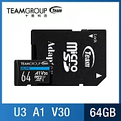 TEAM 十銓 MicroSDXC 64G UHS-I U3 ELITE A1 4K Ultra-HD專用高速記憶卡 (含轉卡+終身保固)