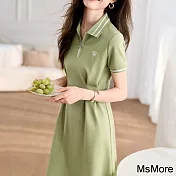 【MsMore】 綠色撞色polo領打褶刺繡肌理感收腰短袖休閒連身裙中長洋裝# 117468 M 綠色