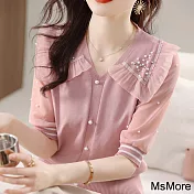 【MsMore】 甜美花邊領韓版粉色氣質冰麻針織上衣短袖夏季新款短版上衣# 117528 FREE 粉紅色