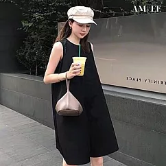 【AMIEE】韓版復古連身洋裝褲(KDDY─1096) XL 黑色