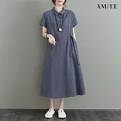 【AMIEE】日系氣質棉麻洋裝(KDDY-6137) M 灰色