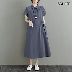 【AMIEE】日系氣質棉麻洋裝(KDDY─6137) M 灰色