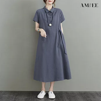 【AMIEE】日系氣質棉麻洋裝(KDDY-6137) 3XL 灰色