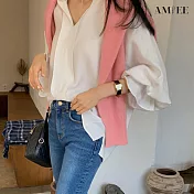 【AMIEE】高雅質感滑料落肩袖襯衫(KDTY-7189) S 白色