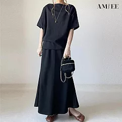 【AMIEE】甜美造型上衣+修身長裙兩件套裝(KDAY─8444) FREE 黑色