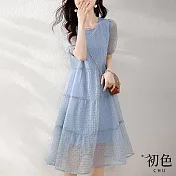 【初色】圓領雪紡泡泡短袖收腰顯瘦休閒連身裙洋裝-共2色-68335(M-2XL可選) M 藍色