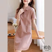 【初色】POLO領拼接小口袋休閒寬鬆連身裙短袖洋裝-共2色-68343(M-2XL可選) M 粉色