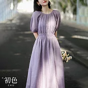 【初色】圓領後背鏤空蝴蝶結系帶棉麻風收腰短袖連身中長裙洋裝-紫色-68347(M-XL可選) M 紫色