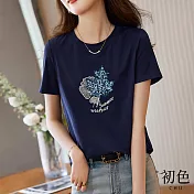 【初色】寬鬆圓領亮片短袖T恤上衣-藏青色-67416(M-2XL可選) XL 藏青色