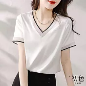 【初色】拼接V領鏤空休閒短袖T恤上衣-共2色-67409(M-2XL可選) XL 白色