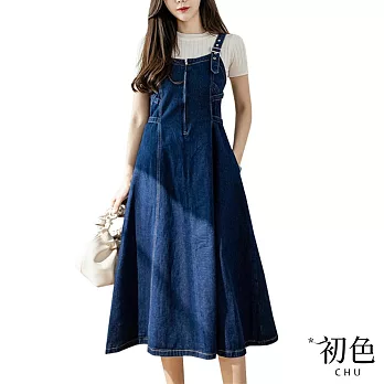 【初色】拉鍊休閒牛仔背帶裙中長連身裙連衣裙洋裝-藍色-67500(M-2XL可選) M 藍色