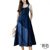 【初色】拉鍊休閒牛仔背帶裙中長連身裙連衣裙洋裝-藍色-67500(M-2XL可選) XL 藍色