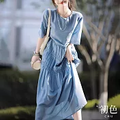 【初色】氣質圓領皺褶寬鬆顯瘦五分袖連衣裙長裙洋裝-共2色-68471(M-2XL可選) XL 藍色