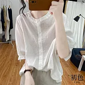 【初色】復古亞麻風燈籠袖素色襯衫上衣-共3色-67184(M-2XL可選) 2XL 白色