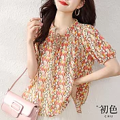 【初色】夏季V領寬鬆碎花綁帶短袖上衣-共2色-68333(M-2XL可選) XL 粉色