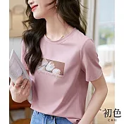 【初色】圓領花朵印花休閒T恤上衣-粉色-66729(M-2XL可選) XL 粉色
