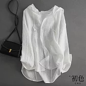 【初色】夏季輕薄長袖防曬空調襯衫休閒抽繩連帽外套上衣-共3色-68442(M-2XL可選) XL 白色