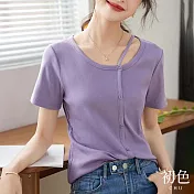 【初色】圓領素色鏤空單排釦T恤上衣-薰衣草紫色-67392(M-2XL可選) M 薰衣草紫色
