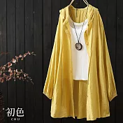 【初色】夏季連帽輕薄寬鬆中長版休閒防曬長袖空調襯衫外套-共4色-68441(M-2XL可選) XL 黃色
