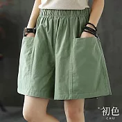 【初色】夏季顯瘦高腰休閒大口袋闊腿五分褲短褲-共4色-68447(M-2XL可選) M 綠色