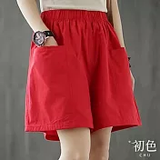 【初色】夏季顯瘦高腰休閒大口袋闊腿五分褲短褲-共4色-68447(M-2XL可選) M 紅色