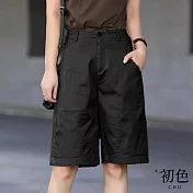 【初色】工裝風純色休閒高腰五分褲直筒短褲-共2色-68457(M-2XL可選) XL 黑色