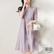 【初色】素色雪紡燈籠袖木耳邊A字裙洋裝-共2色-67532(M-2XL可選) M 紫色