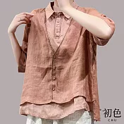 【初色】夏季薄款假兩件翻領五分袖短袖排扣襯衫上衣-共4色-68459(M-2XL可選) M 橘色