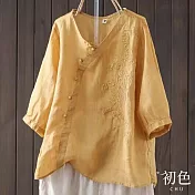 【初色】古風V領斜襟刺繡五分袖短袖T恤上衣-共3色-68450(M-2XL可選) XL 黃色