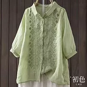 【初色】翻領刺繡寬鬆五分袖短袖襯衫上衣-共3色-68451(M-2XL可選) XL 草綠色