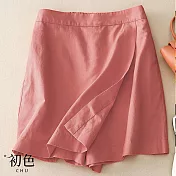 【初色】夏季休閒純色高腰不規則假兩件褲裙短褲-共4色-68453(M-2XL可選) M 紅色