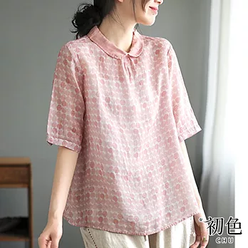 【初色】棉麻風寬鬆小圓領五分袖上衣-共3色-67465(M-2XL可選) XL 粉色