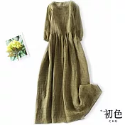 【初色】文藝大碼七分袖圓領連身洋裝-共2色-67475(M-2XL可選) XL 綠色