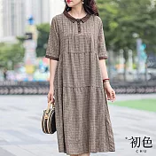 【初色】POLO領格紋寬鬆五分袖A字裙洋裝-咖色-67417(M-2XL可選) M 咖色