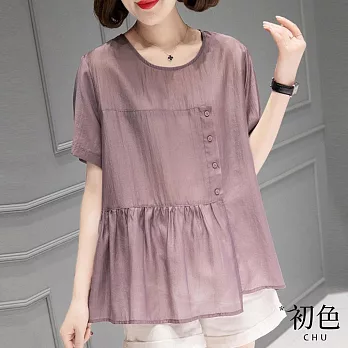 【初色】寬鬆大碼圓領娃娃衫T恤上衣-粉紫色-67422(F可選) F 粉紫色