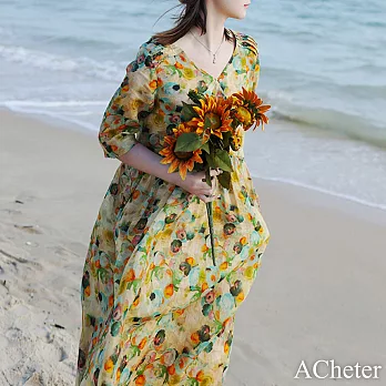 【ACheter】 小清新花色苧麻連身裙仙氣飄逸七分袖V領寬鬆長洋裝# 117614 M 花紋色