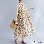 【ACheter】 無袖背心裙復古溫柔風chic碎花連身裙圓領長版洋裝# 117621 XL 印花色