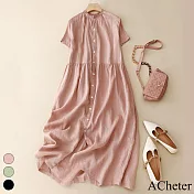 【ACheter】 棉麻短袖連身裙木耳領大擺裙可前後兩穿開衫長裙罩衫洋裝# 117634 M 粉紅色