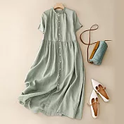 【ACheter】 棉麻短袖連身裙木耳領大擺裙可前後兩穿開衫長裙罩衫洋裝# 117634 M 綠色