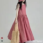【ACheter】 複述色織棉麻圓領超大擺寬鬆無袖背心連身裙舒爽透氣格子長版洋裝# 117739 M 紅色