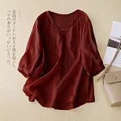 【ACheter】 繡花寬鬆大碼薄款氣質棉麻V領七分袖短版上衣# 117740 M 紅色