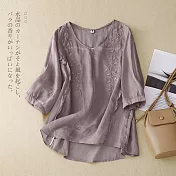 【ACheter】 繡花寬鬆大碼薄款氣質棉麻V領七分袖短版上衣# 117740 M 紫色
