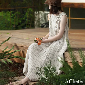 【ACheter】 條紋文藝長款裙無袖圓領亞麻感氣質連身裙寬鬆長版洋裝# 117742 M 條紋色