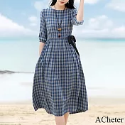 【ACheter】 日式雙層棉色織文藝圓領七分袖格紋連身裙寬鬆顯瘦中長版收腰洋裝# 117746 M 藍色