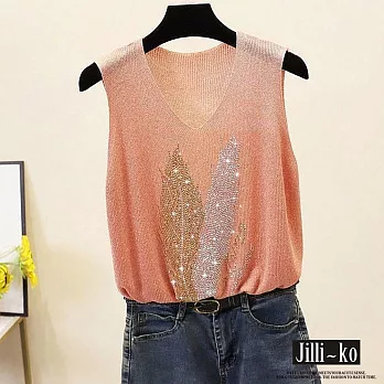 【Jilli~ko】時尚晶鑽羽毛圖案金蔥冰絲針織背心 J10256  FREE 粉紅色