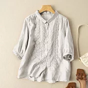 【ACheter】 七分袖刺繡棉麻襯衫藝復古設計感棉麻短版上衣# 117589 XL 白色